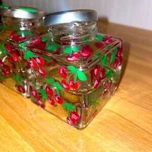 Vintage Style Glass Jars With 3D Hand Painted Cherries Metal Twist Lid 2pc